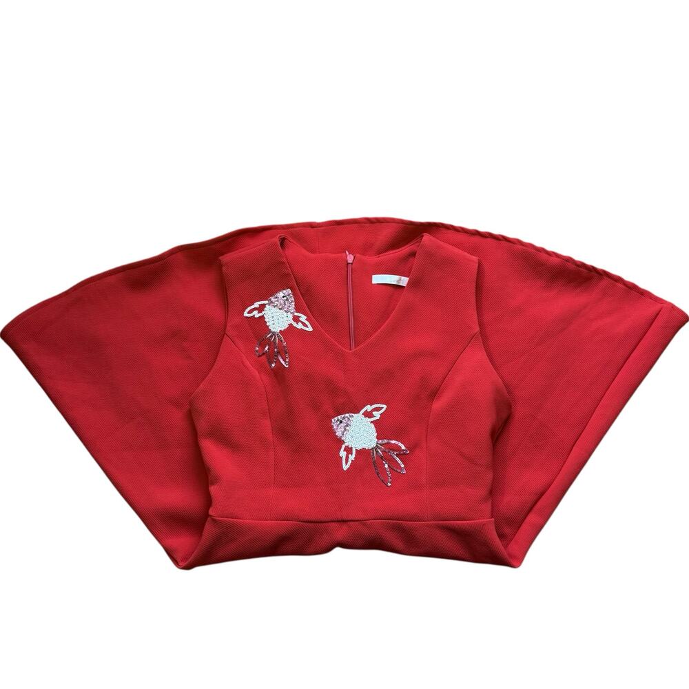Red Dress Fish Embroidered Fit Flare Size Medium Sequin Japan Asian Daisy Knee - Picture 5 of 8